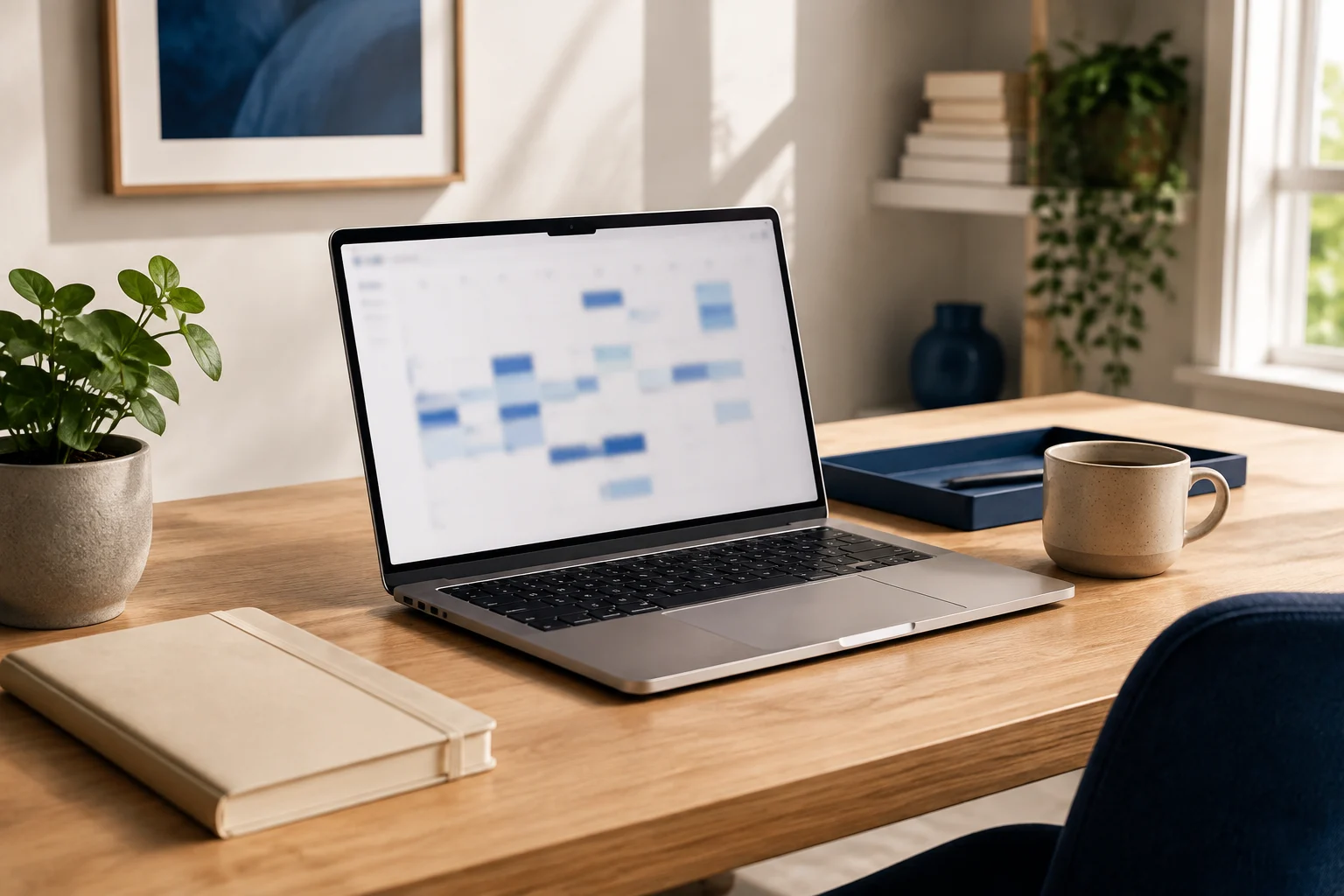 Ambiente de trabalho organizado, com notebook e iluminação natural